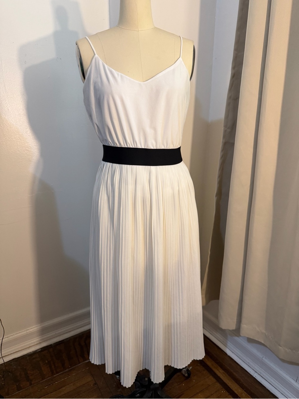 Zara Trafaluc White Pleated Midi Dress with Black Waistband, Size M
